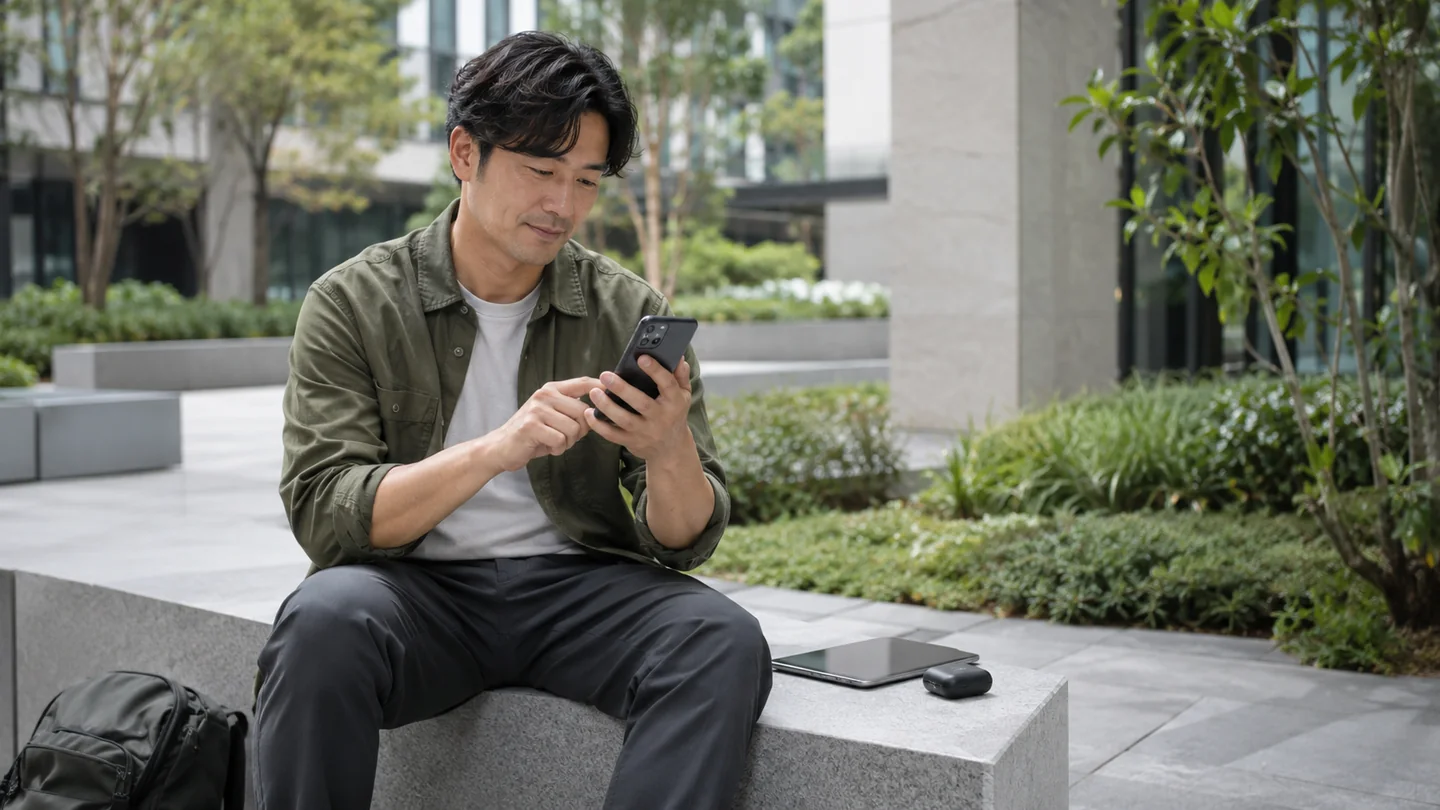 共享庭院中使用手机的成年人及石凳上的平板与便携热点
