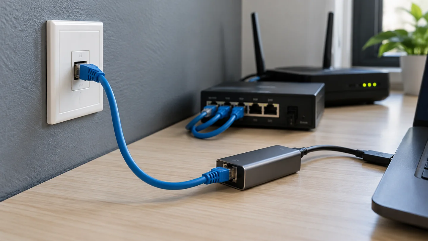 墙面以太网接口、网线、USB-C转网口与交换设备的近景